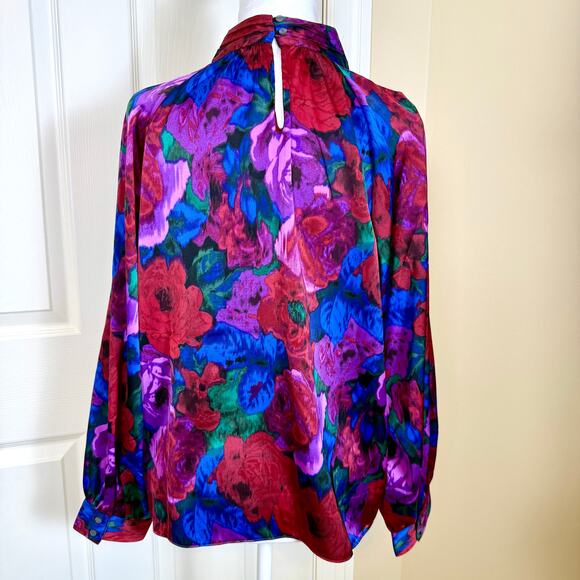 Talbots Twist Neck Satin Charmeuse Top Wrapped Jewel Tone Floral Large Petite - Picture 3 of 9